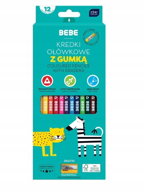 Kredki ołówkowe z gumką 12kol.BEBE Kids Kredki ołówkowe z gumką 12kol.BEBE Kids