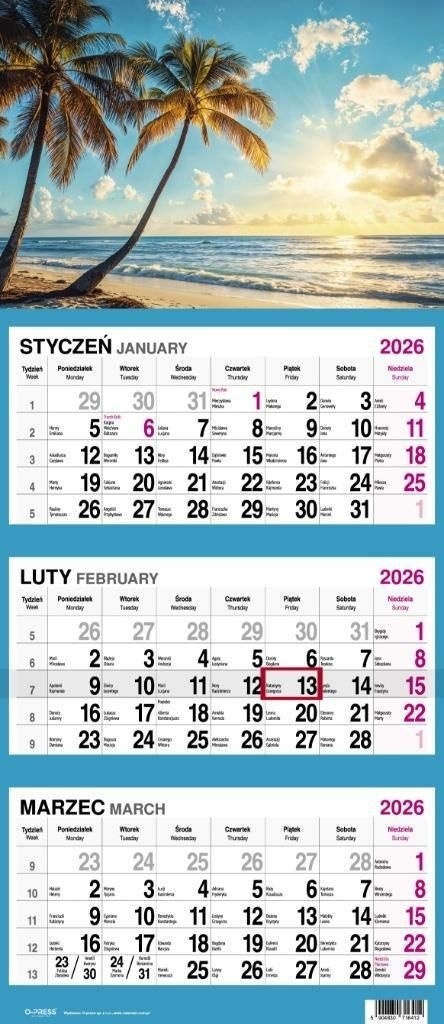 KALENDARZ TRÓJDZIELNY DUŻY 2026 PALMY