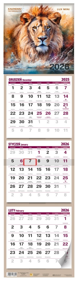Kalendarz trzymiesięczny LUX Mini 2026 ścienny 200x775 mm