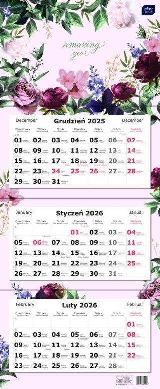 Kalendarz trójdzielny 82,5x34cm Kwiaty 2026