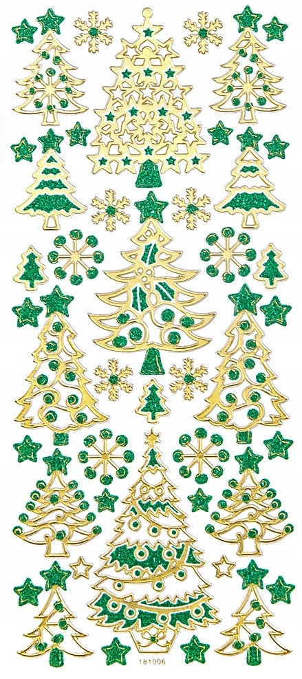 NAKLEJKI BROKATOWE CHOINKI GOLD & GREEN, 44 SZT.