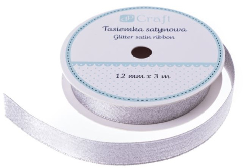 WSTĄŻKA SATYNOWA Z BROKATEM, SREBRNA, 3 M X 12MM WSTĄŻKA SATYNOWA Z BROKATEM, SREBRNA, 3 M X 12MM